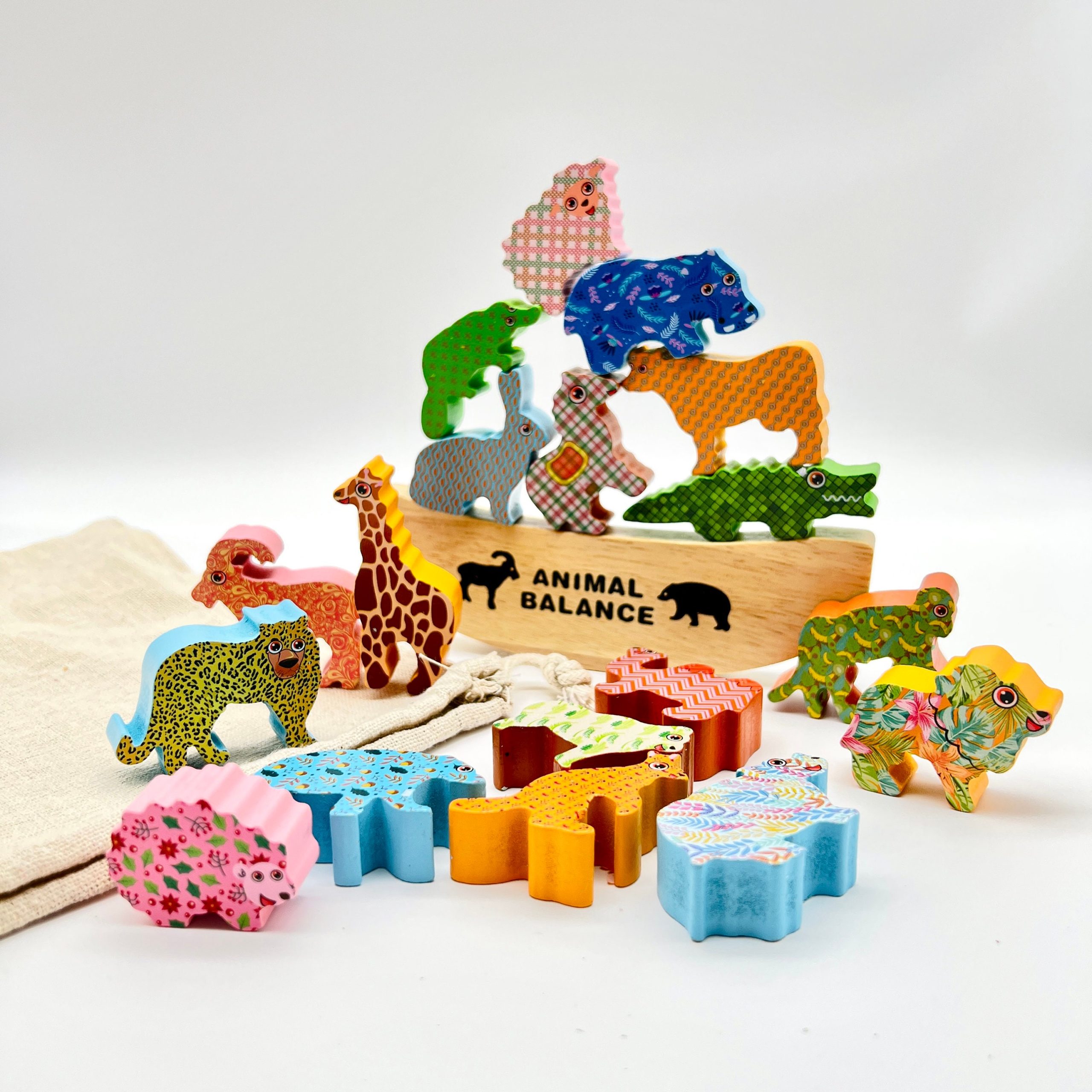 Wooden Mosaic Safari Animals Rocking Moon Balance Game w/ Bag- Wood Block  Stacking - Montessori Waldorf STEM Toy - Sensory Motor Toy