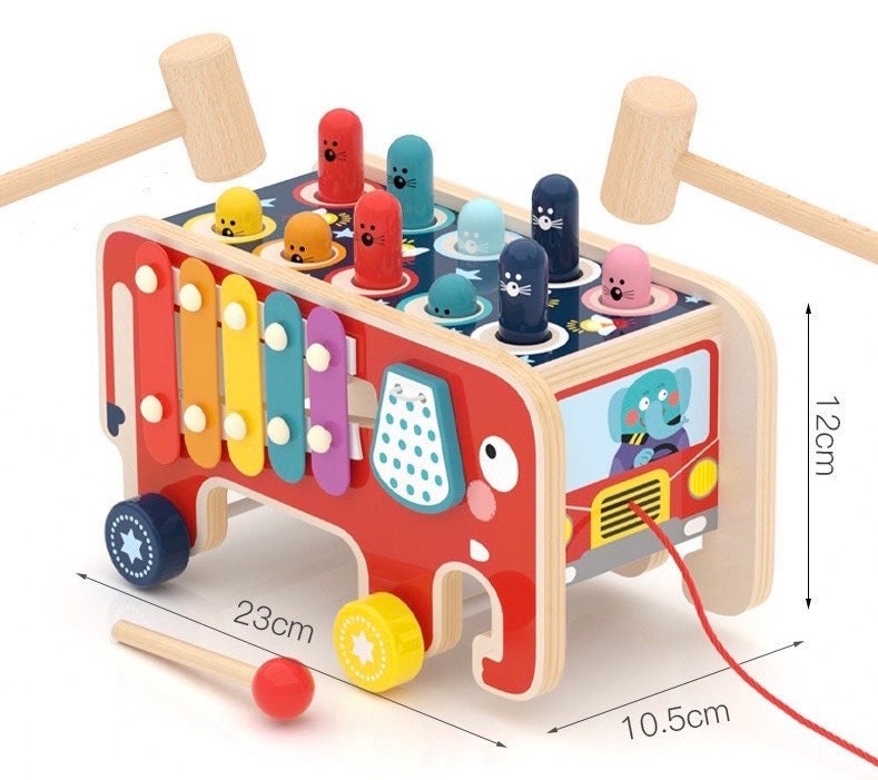 4-in-1 Wooden Xylophone / Number Maze Hammering Pull-along Elephant ...